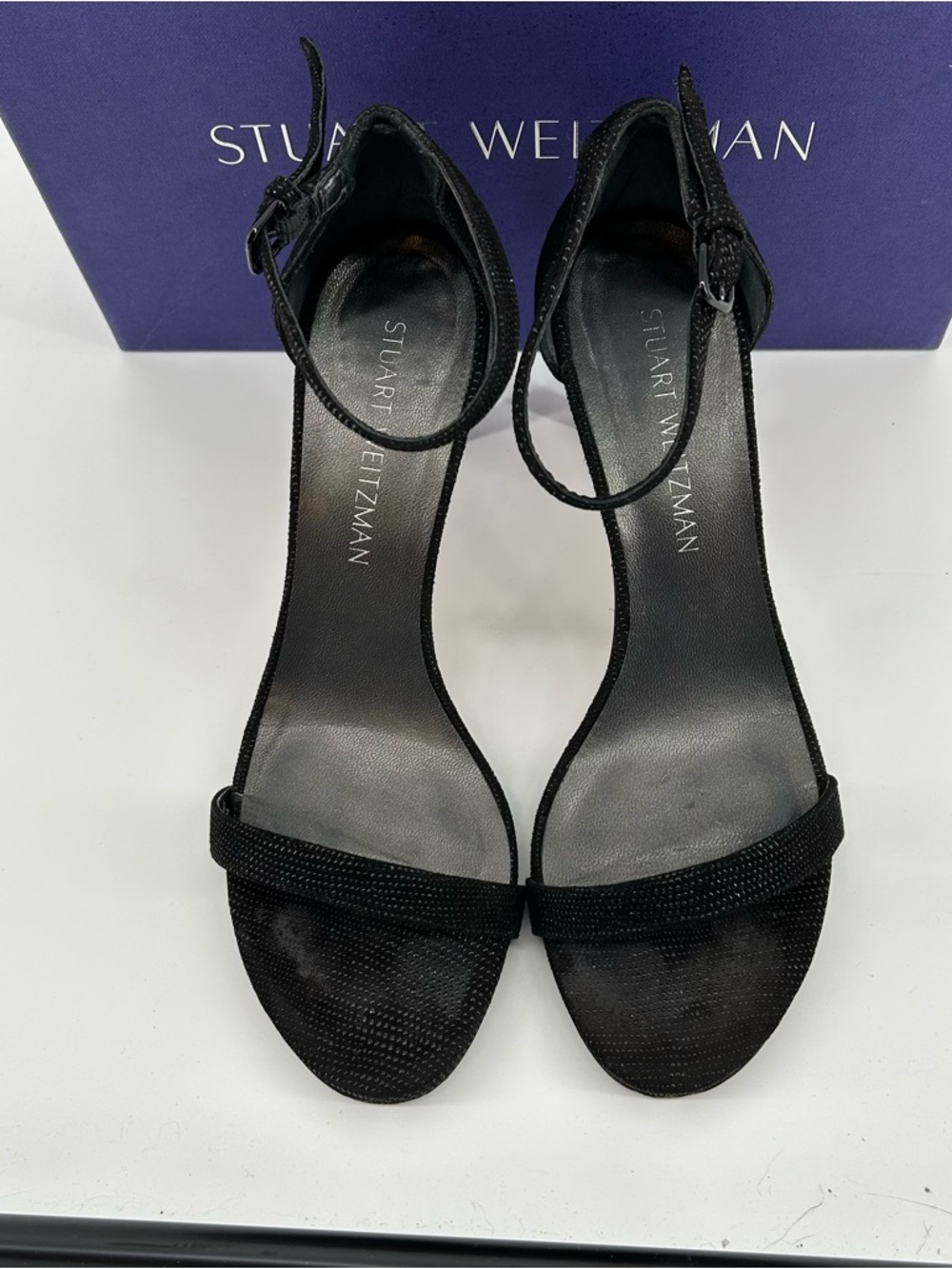 Stuart Weitzman "Nudist" Black Sparkle Ankle-Strap Heels - Picture 2 of 7
